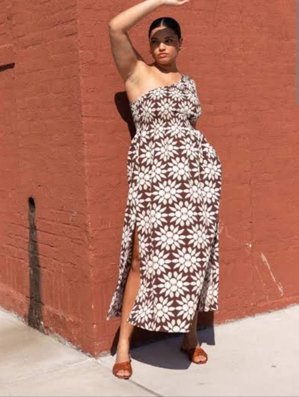 Hill House Brown and Cream Floral One-Shoulder Dress - Picture 3 of 3